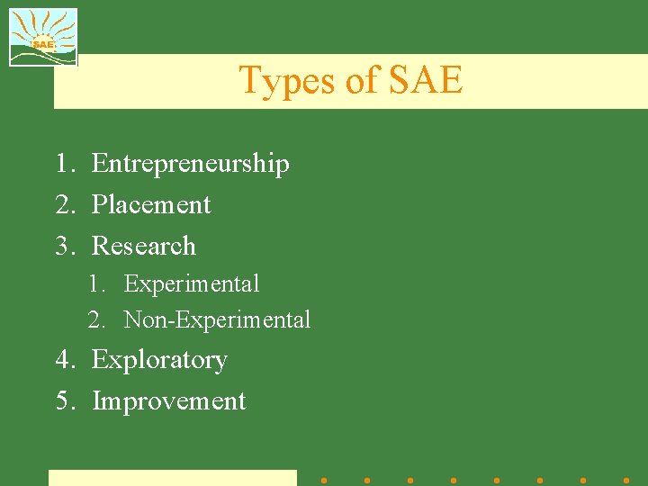 Types of SAE 1. Entrepreneurship 2. Placement 3. Research 1. Experimental 2. Non-Experimental 4.