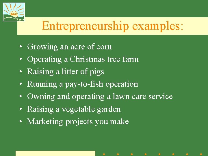 Entrepreneurship examples: • • Growing an acre of corn Operating a Christmas tree farm