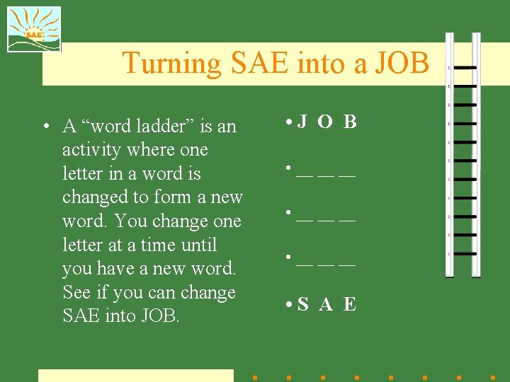 Turning SAE into a JOB • A “word ladder” is an activity where one