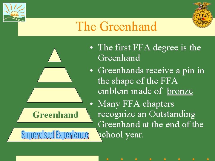 The Greenhand • The first FFA degree is the Greenhand • Greenhands receive a