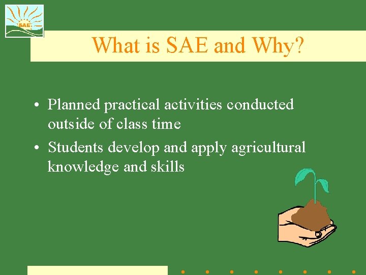 What is SAE and Why? • Planned practical activities conducted outside of class time