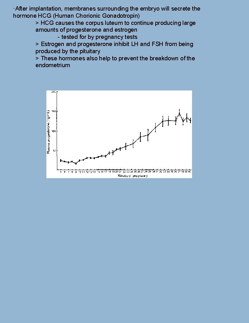 ·After implantation, membranes surrounding the embryo will secrete the hormone HCG (Human Chorionic Gonadotropin)