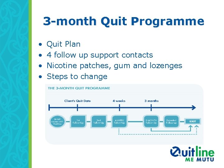 3 -month Quit Programme • • Quit Plan 4 follow up support contacts Nicotine