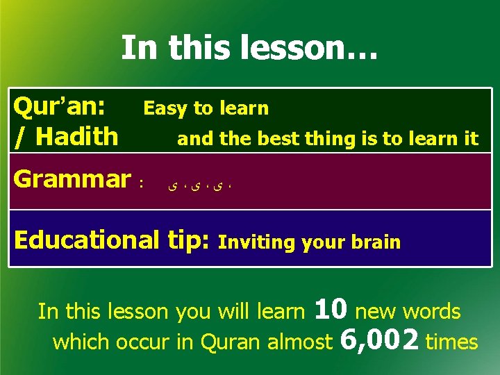 In this lesson… Qur’an: / Hadith Easy to learn Grammar : and the best