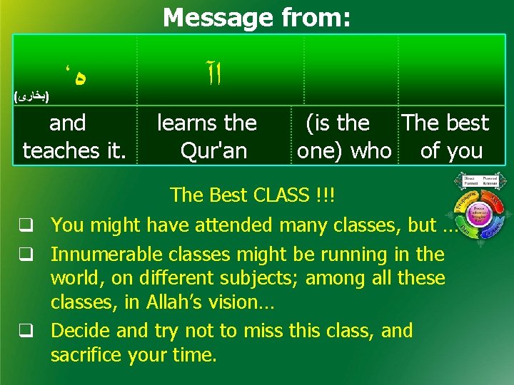 Message from: ، ﻩ ﺍآ and teaches it. learns the Qur'an ( )ﺑﺨﺎﺭﻯ (is
