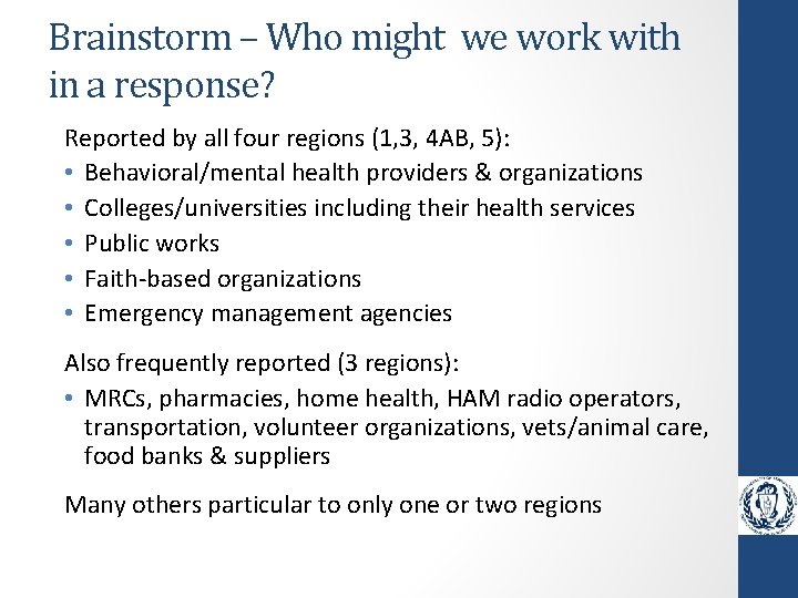 Brainstorm – Who might we work with in a response? Reported by all four