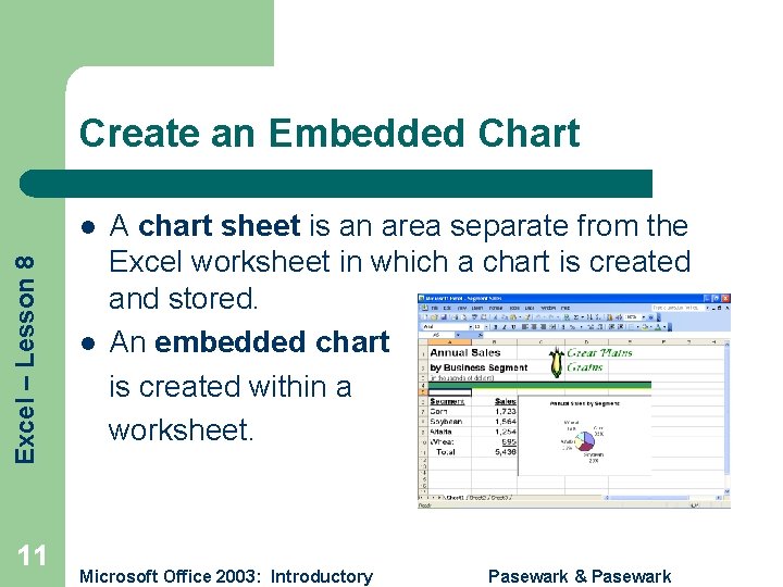 Create an Embedded Chart Excel – Lesson 8 l 11 l A chart sheet