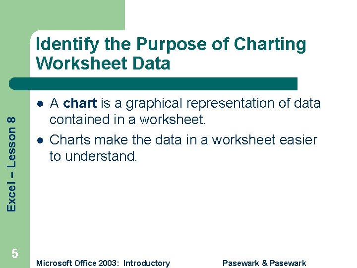 Identify the Purpose of Charting Worksheet Data Excel – Lesson 8 l 5 l