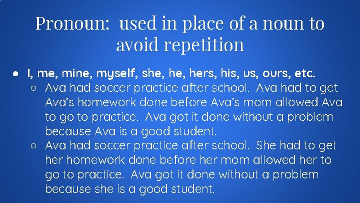 Pronoun: used in place of a noun to avoid repetition ● I, me, mine,