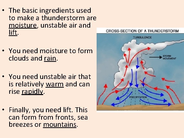  • The basic ingredients used to make a thunderstorm are moisture, unstable air