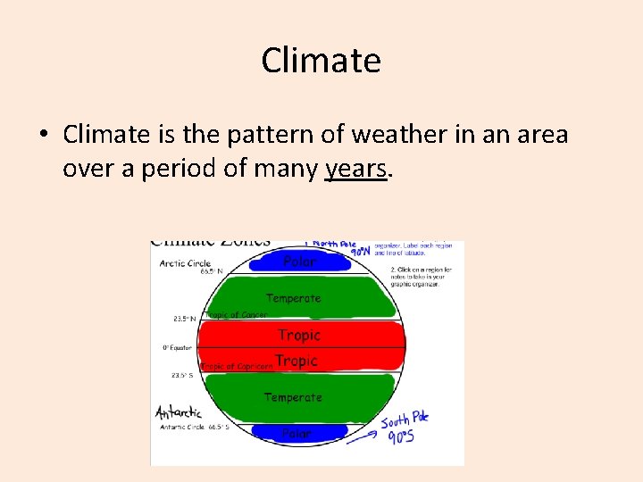 Climate • Climate is the pattern of weather in an area over a period