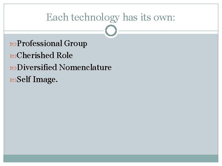 Each technology has its own: Professional Group Cherished Role Diversified Nomenclature Self Image. 