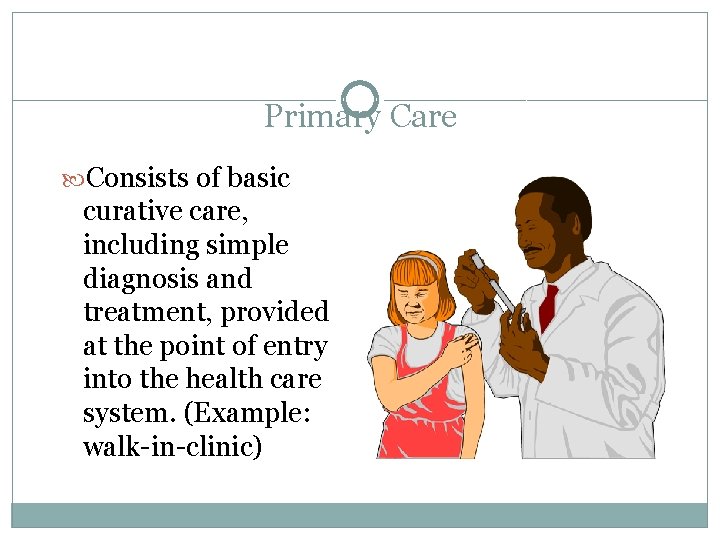 Primary Care Consists of basic curative care, including simple diagnosis and treatment, provided at