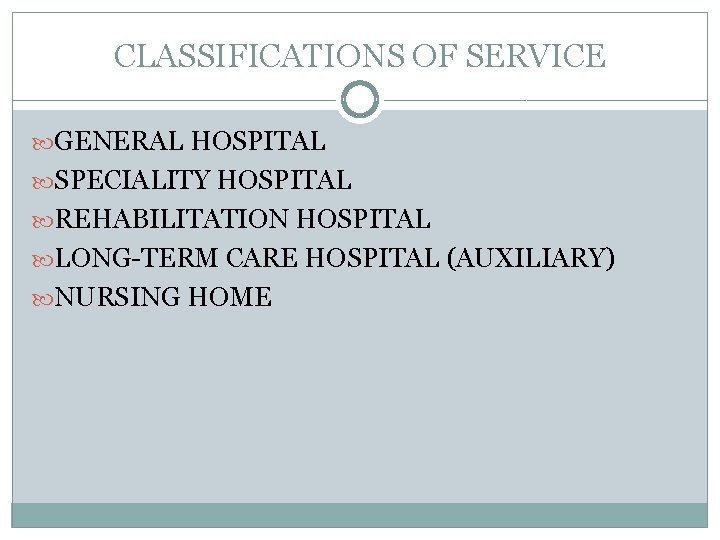 CLASSIFICATIONS OF SERVICE GENERAL HOSPITAL SPECIALITY HOSPITAL REHABILITATION HOSPITAL LONG-TERM CARE HOSPITAL (AUXILIARY) NURSING