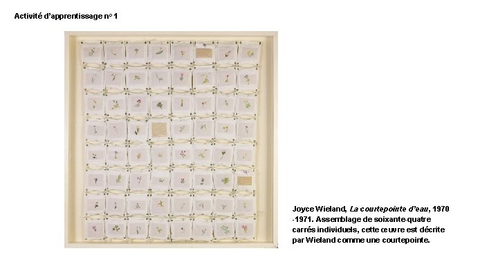 Activité d’apprentissage no 1 Joyce Wieland, La courtepointe d’eau, 1970 -1971. Assemblage de soixante-quatre