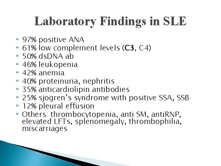 Laboratory Findings in SLE 97% positive ANA 61% low complement levels (C 3, C