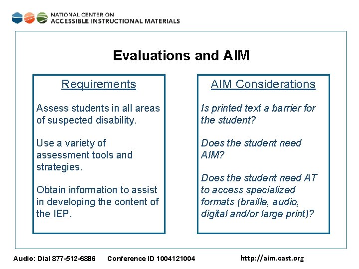 Evaluations and AIM Requirements AIM Considerations Assess students in all areas of suspected disability.