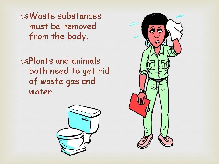  Waste substances must be removed from the body. Plants and animals both need