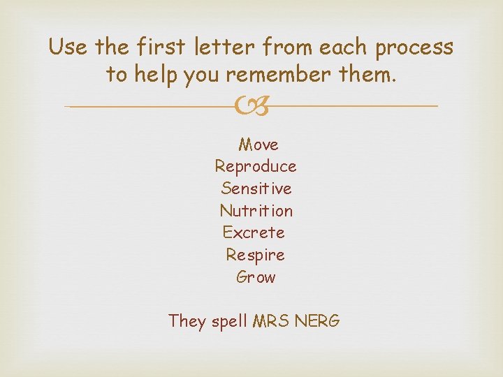Use the first letter from each process to help you remember them. Move Reproduce