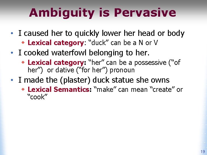 Ambiguity is Pervasive • I caused her to quickly lower head or body w