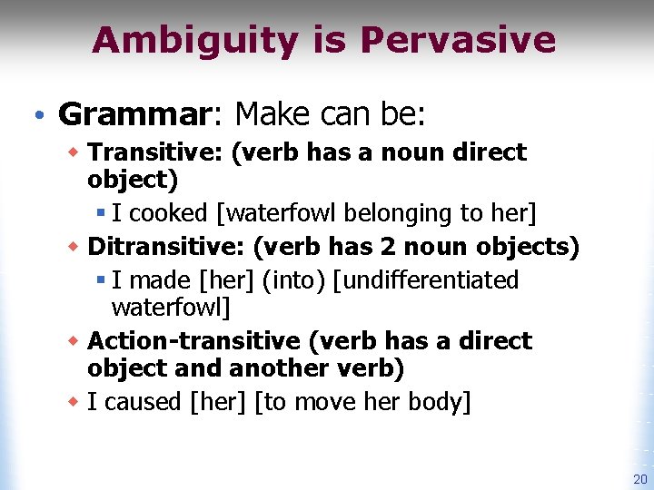 Ambiguity is Pervasive • Grammar: Make can be: w Transitive: (verb has a noun