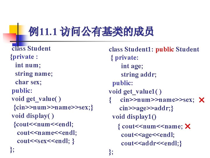 例11. 1 访问公有基类的成员 class Student {private : int num; string name; char sex; public:
