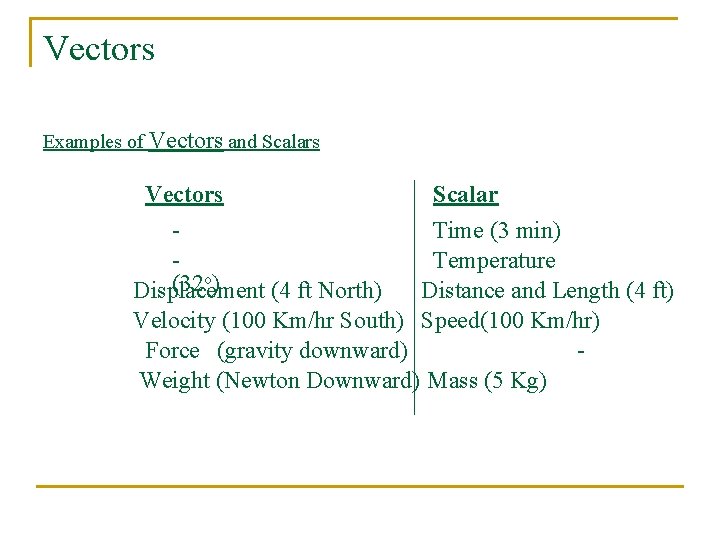 Vectors Examples of Vectors and Scalars Vectors Scalar Time (3 min) Temperature o (32