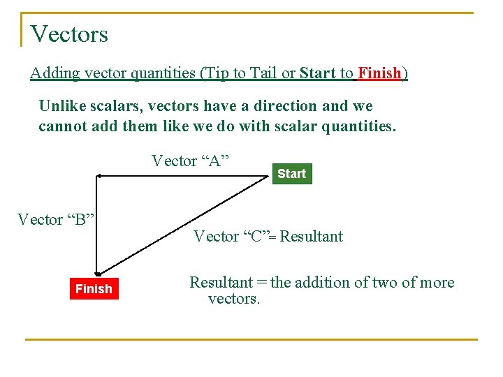 Vectors Adding vector quantities (Tip to Tail or Start to Finish) Unlike scalars, vectors