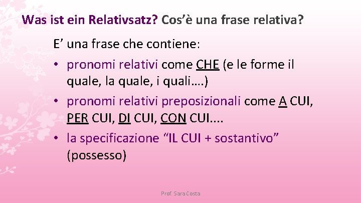 Was ist ein Relativsatz? Cos’è una frase relativa? E’ una frase che contiene: •