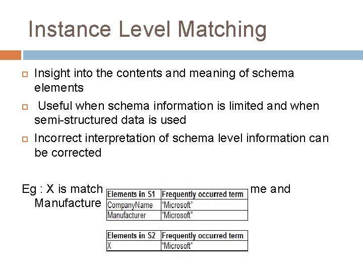 Instance Level Matching Insight into the contents and meaning of schema elements Useful when