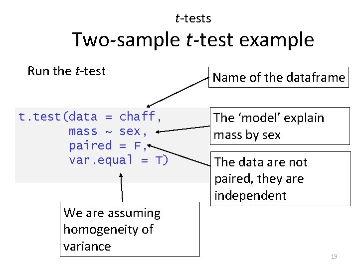 t-tests Two-sample t-test example Run the t-test t. test(data = chaff, mass ~ sex,