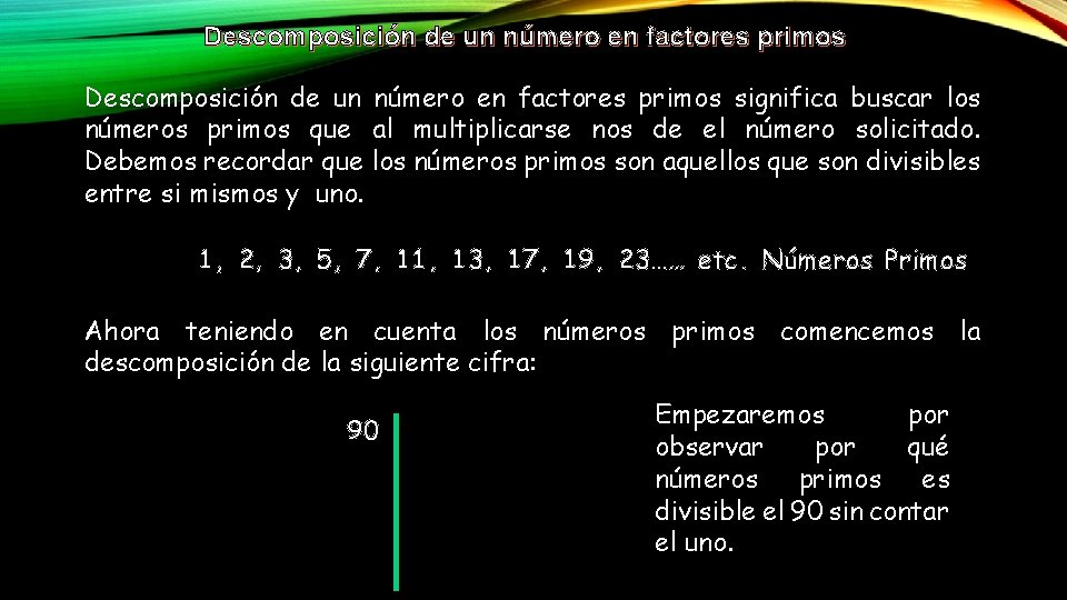 Descomposición de un número en factores primos significa buscar los números primos que al