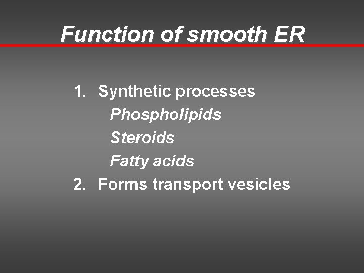 Function of smooth ER 1. Synthetic processes Phospholipids Steroids Fatty acids 2. Forms transport