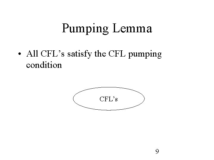 Pumping Lemma • All CFL’s satisfy the CFL pumping condition CFL’s 9 