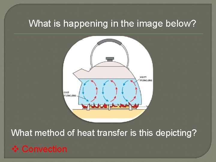 What is happening in the image below? What method of heat transfer is this What is happening in the image below? What method of heat transfer is this