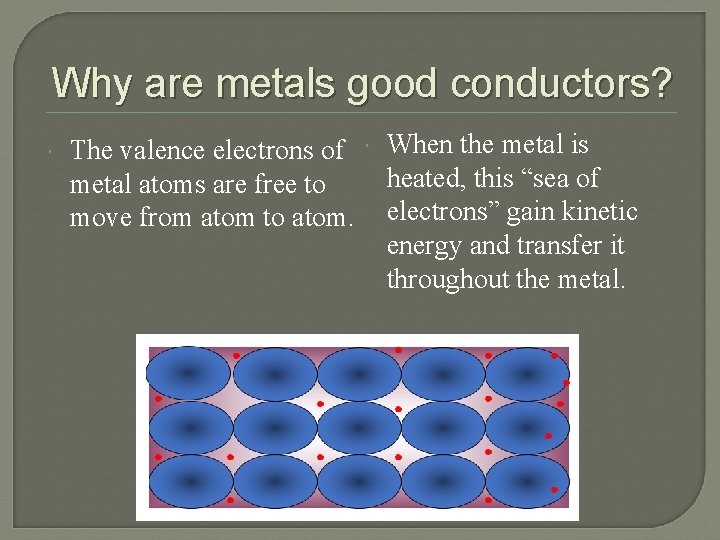 Why are metals good conductors? The valence electrons of metal atoms are free to Why are metals good conductors? The valence electrons of metal atoms are free to