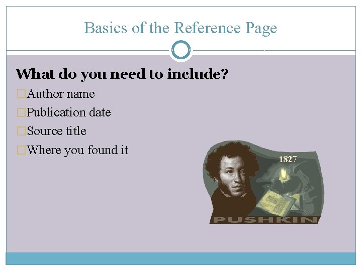 Basics of the Reference Page What do you need to include? �Author name �Publication