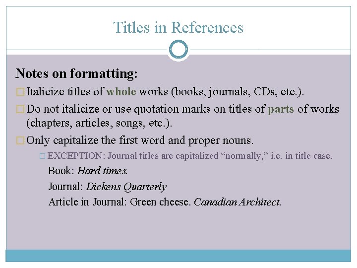 Titles in References Notes on formatting: � Italicize titles of whole works (books, journals,