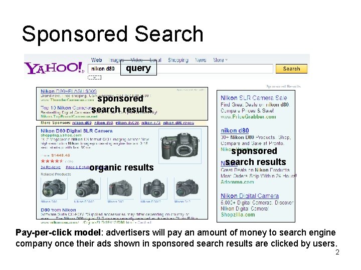 Sponsored Search query sponsored search results organic results sponsored search results Pay-per-click model: advertisers