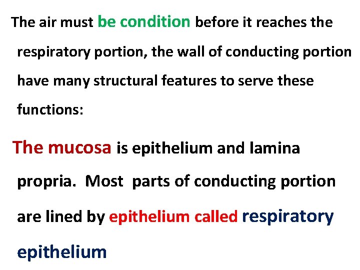 The air must be condition before it reaches the respiratory portion, the wall of