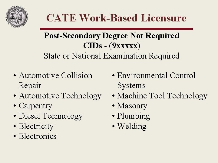 CATE Work-Based Licensure Post-Secondary Degree Not Required CIDs - (9 xxxxx) State or National