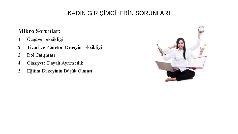 KADIN GİRİŞİMCİLERİN SORUNLARI Mikro Sorunlar: 1. Özgüven eksikliği 2. Ticari ve Yönetsel Deneyim Eksikliği KADIN GİRİŞİMCİLERİN SORUNLARI Mikro Sorunlar: 1. Özgüven eksikliği 2. Ticari ve Yönetsel Deneyim Eksikliği
