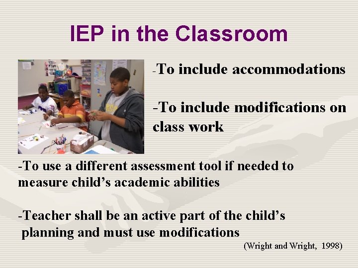 IEP in the Classroom - To include accommodations -To include modifications on class work