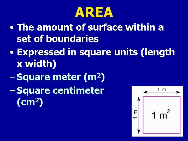 AREA • The amount of surface within a set of boundaries • Expressed in
