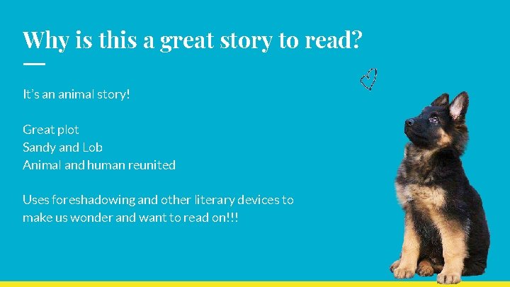 Why is this a great story to read? It’s an animal story! Great plot