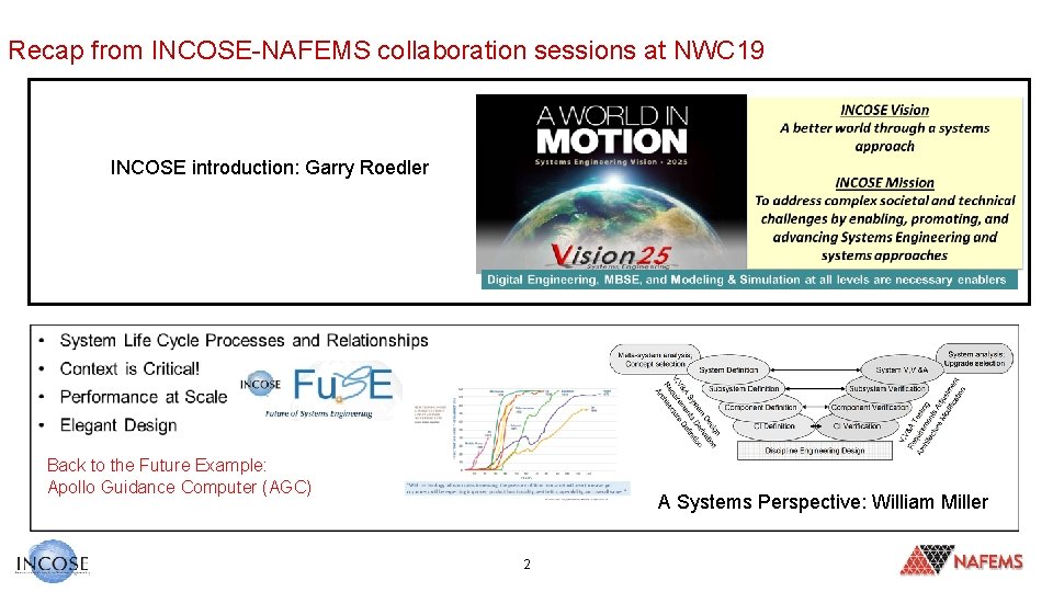 Recap from INCOSE-NAFEMS collaboration sessions at NWC 19 INCOSE introduction: Garry Roedler Back to