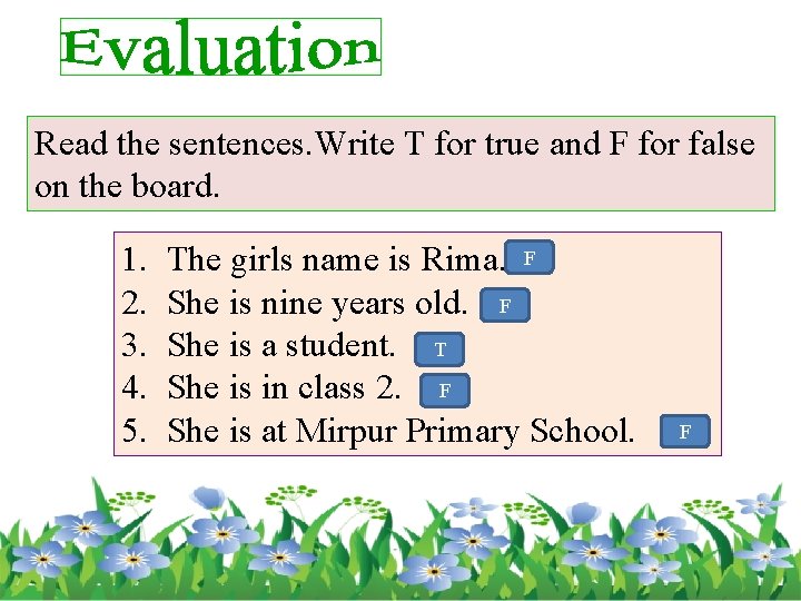 Read the sentences. Write T for true and F for false on the board.