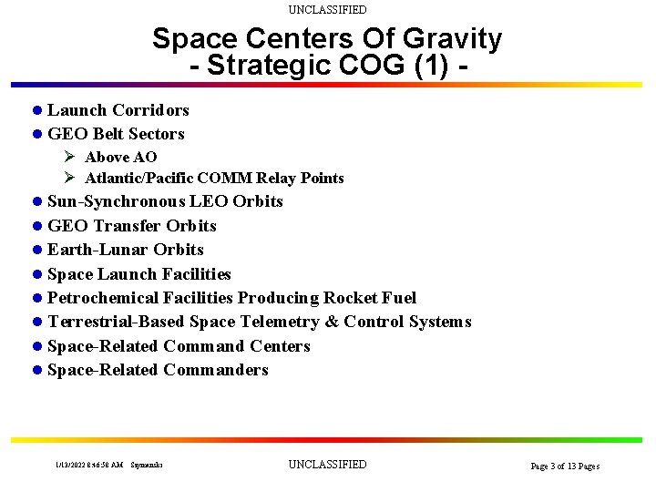 UNCLASSIFIED Space Centers Of Gravity - Strategic COG (1) l Launch Corridors l GEO