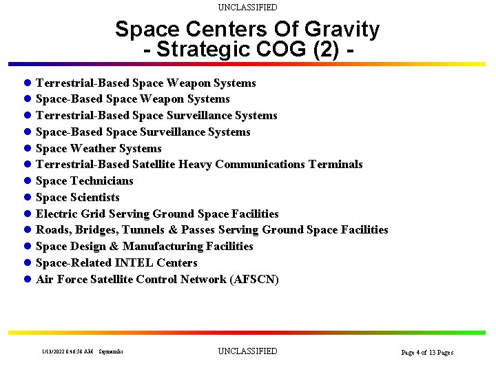 UNCLASSIFIED Space Centers Of Gravity - Strategic COG (2) l l l l Terrestrial-Based