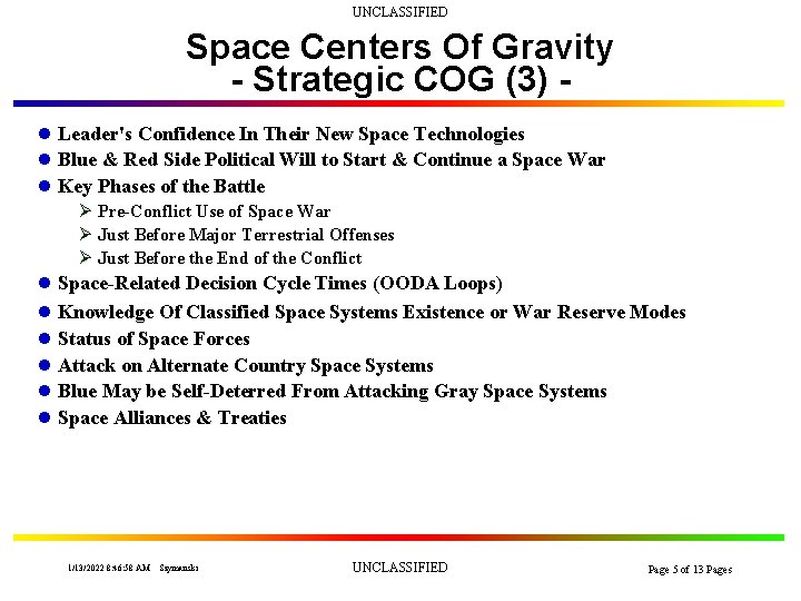 UNCLASSIFIED Space Centers Of Gravity - Strategic COG (3) l Leader's Confidence In Their